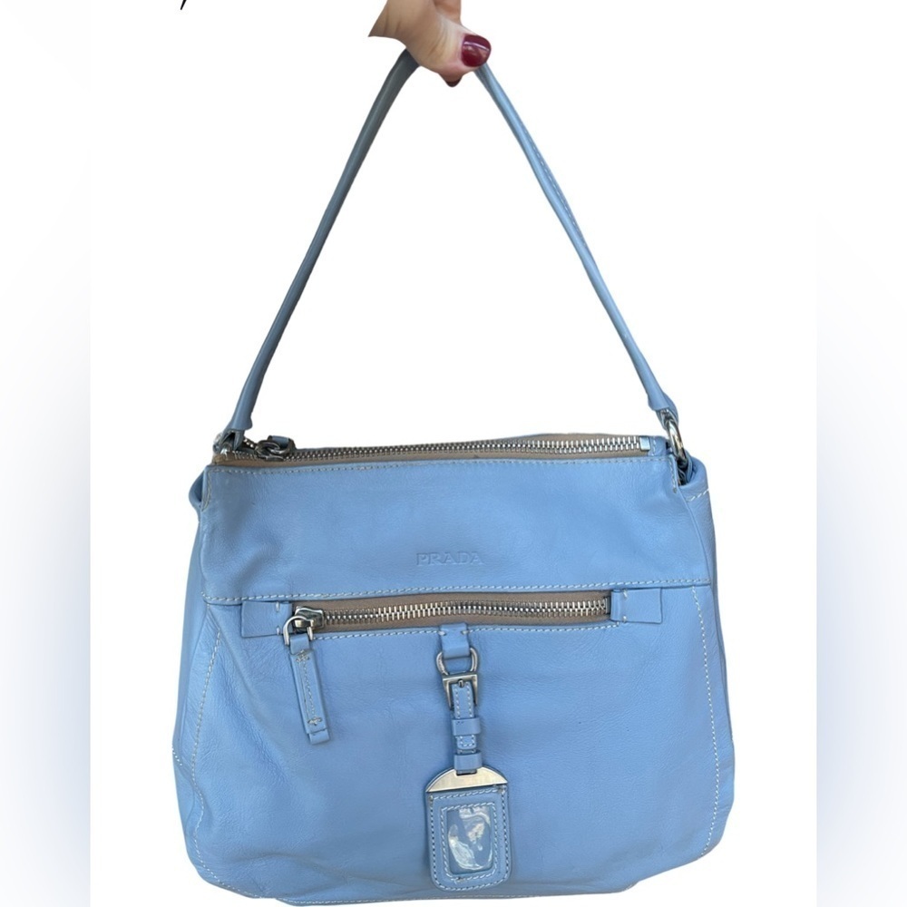 Prada Vitello Daino Blue Leather Hobo Bag